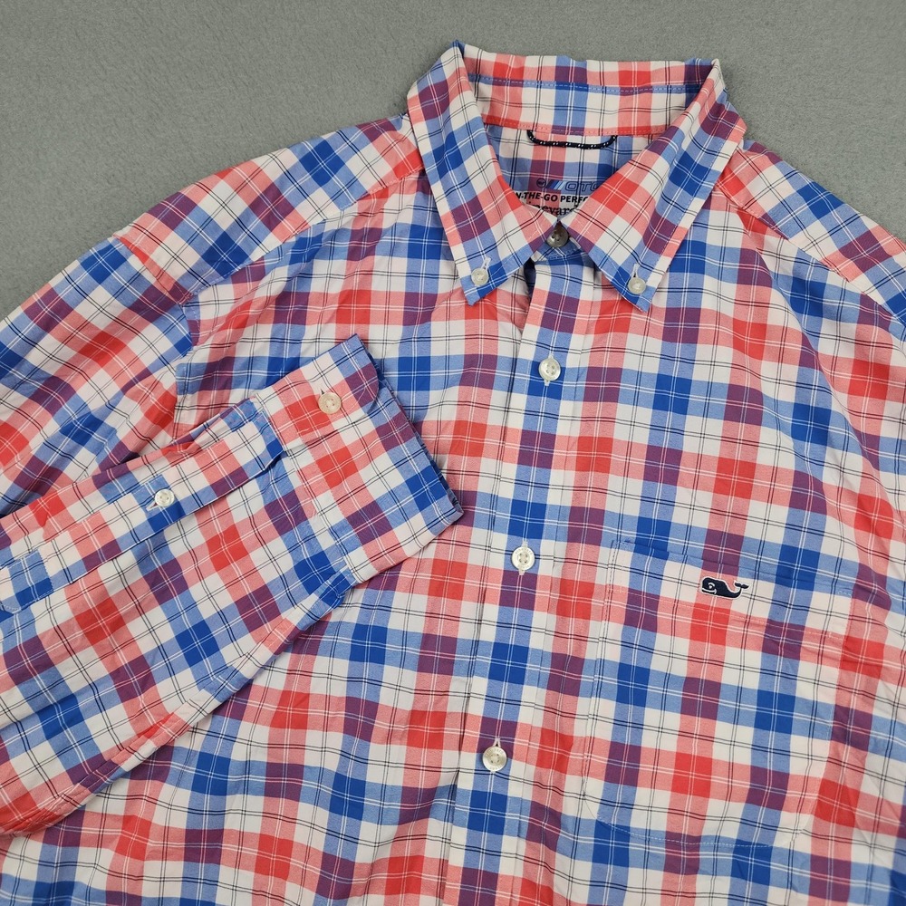 Vineyard Vines OTG Performance Shirt Mens Medium Red Blue Plaid Button Down